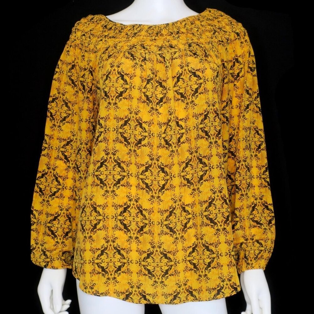 Sundance Silk Top Golden Yellow Black Print Smocked Neck Peasant Blouse Medium